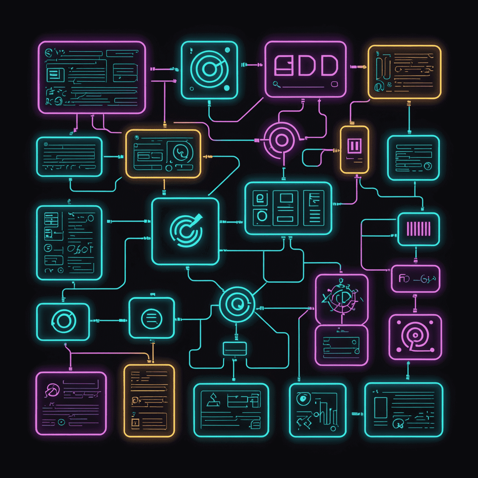 Imagen abstracta que representa conceptos básicos de programación con símbolos de código y diagramas de flujo en colores neón sobre fondo oscuro