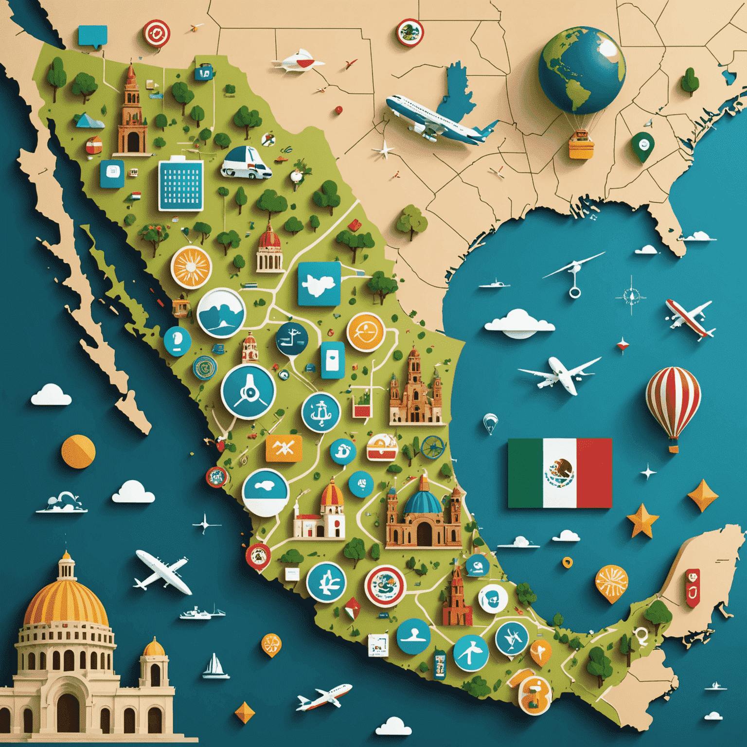 Mapa de México con iconos de tecnología y símbolos de carrera superpuestos en diferentes ciudades